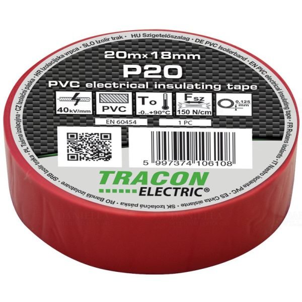 Szigetelőszalag 20m x 18mm piros TRACON